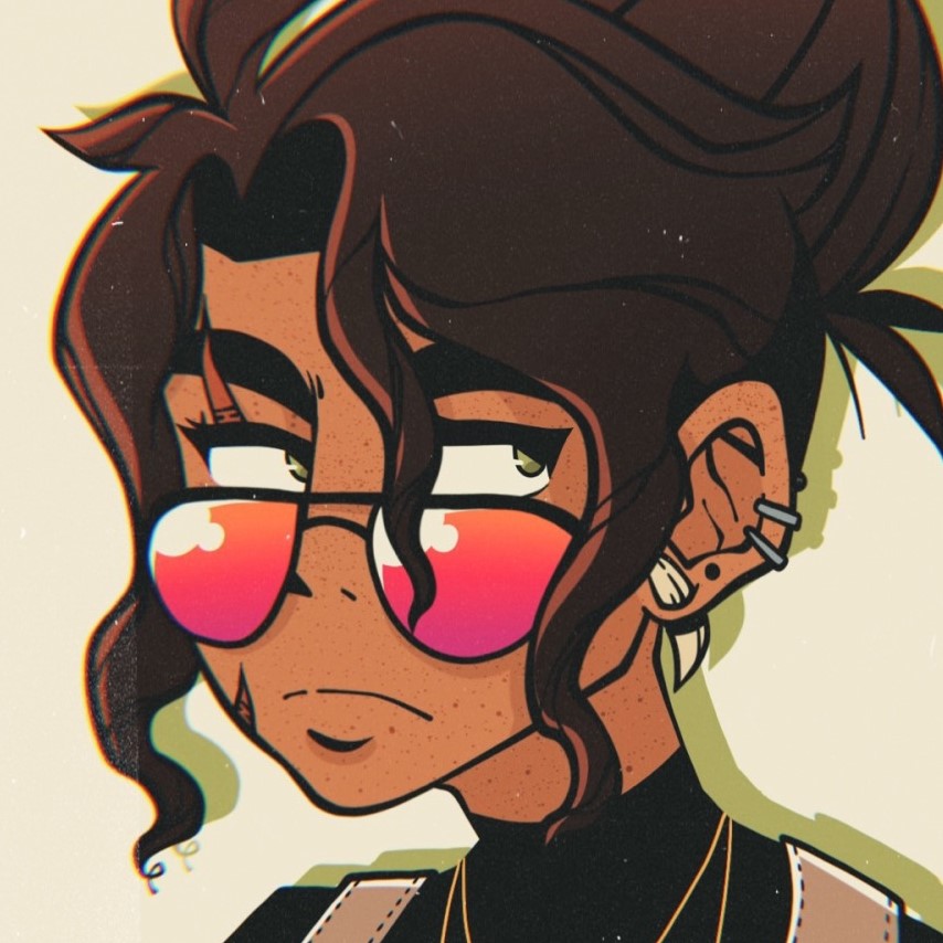 A digital drawing of Rhian Vincent, a character with green eyes and dark brown hair pulled into a messy top bun. She has a scar over her right eye and is wearing colorful aviator sunglasses.